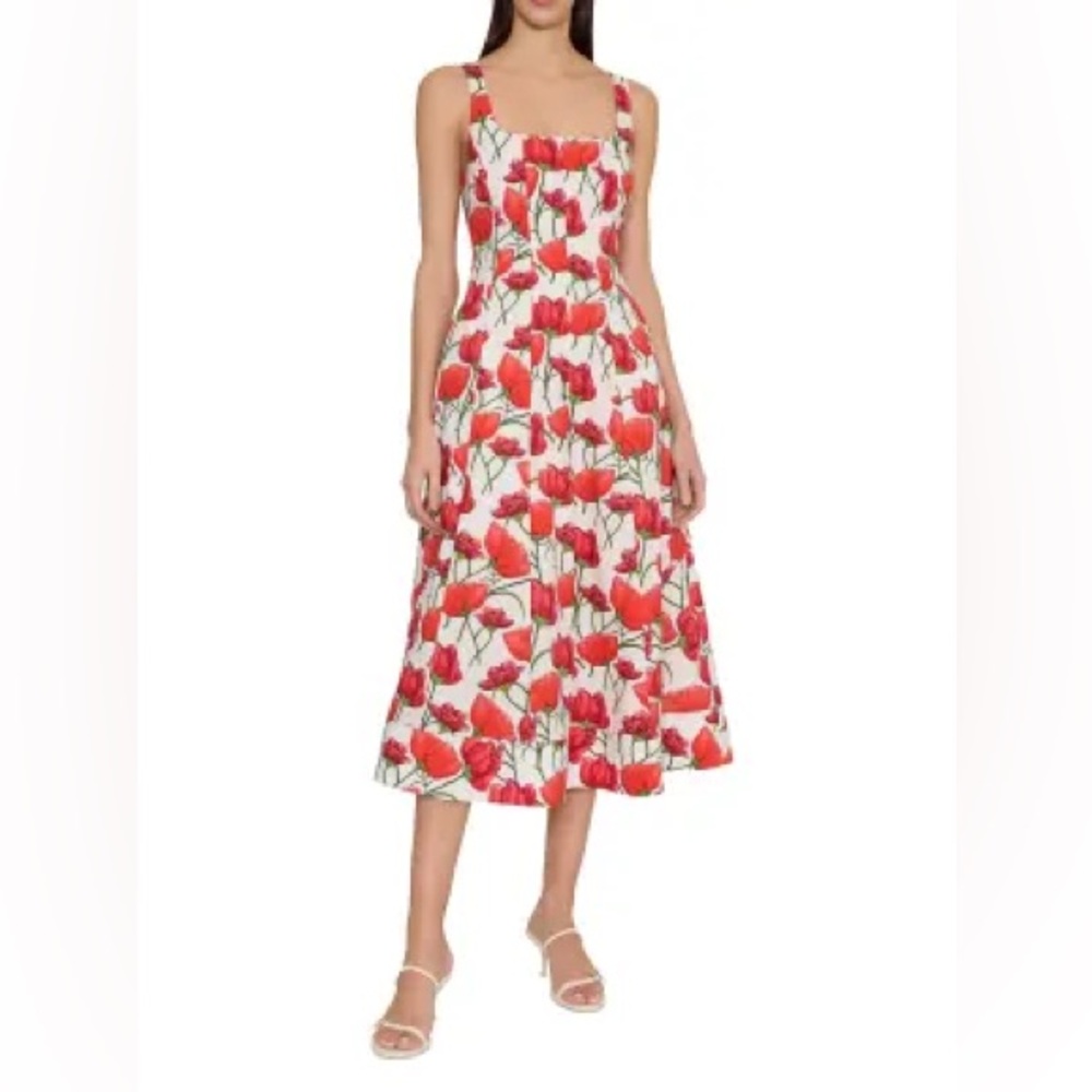 Milly Red Floral Midi Dress with Square Neck NWT